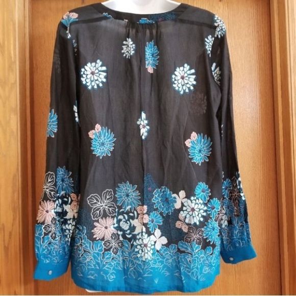 Ann Taylor Loft Black Blue Multi Color Floral Sheer Blouse Size Small Petite - Picture 5 of 10